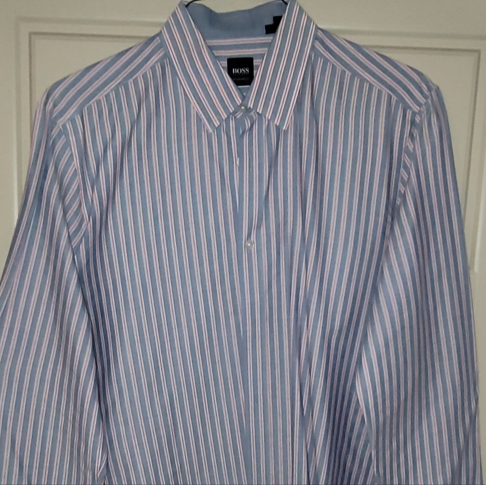 Hugo Boss Men's Blue White & Red Striped Luxury Designer Button Down Dress Shirt